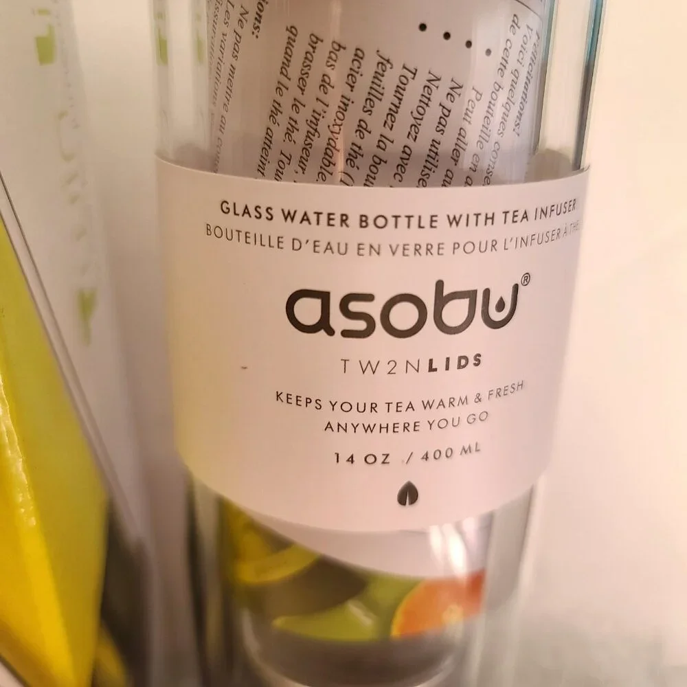 Asobu Twin Lids Glass Water Bottle With Tea Infuser 14 oz Double Walled NEW